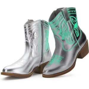 💫 Women Silver Cowgirl Western Boots Metallic Horse Riding Calf Sparkly Shoes